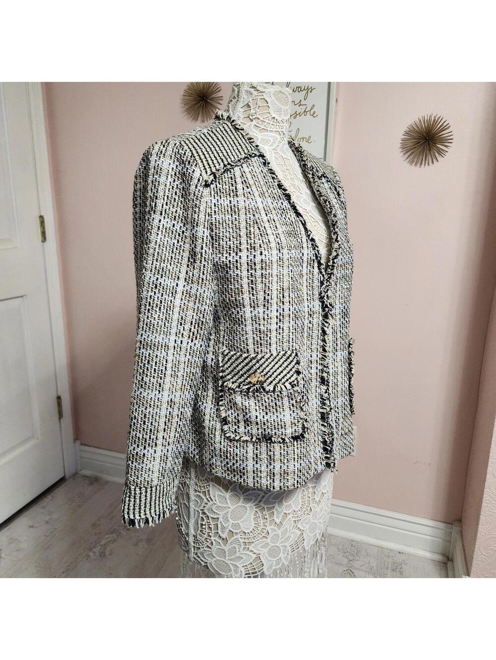 Flawless Chico's tweed tan white black fringe open jacket 2 Petite 12 P